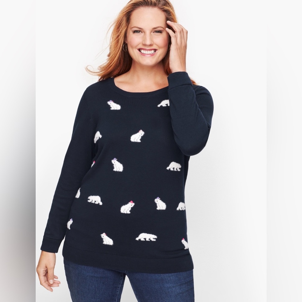 Talbots Sweater Polar Bear Fuzzy Plus Sz 1X  Navy Blue Knit embellished Novelty